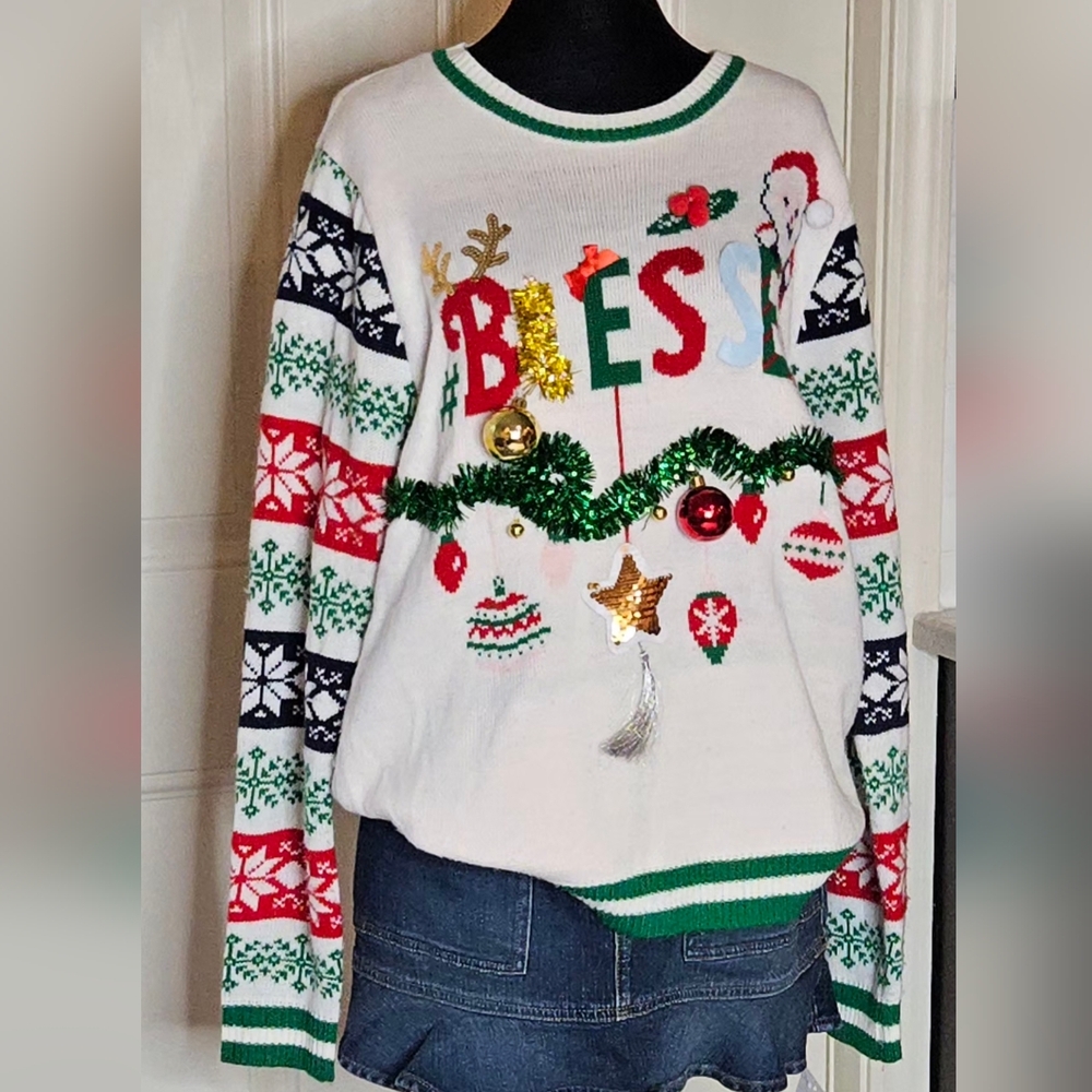 "BLESSED" Tacky Ugly Christmas Sweater NOBO XXL 2X Ornaments Tinsel Party